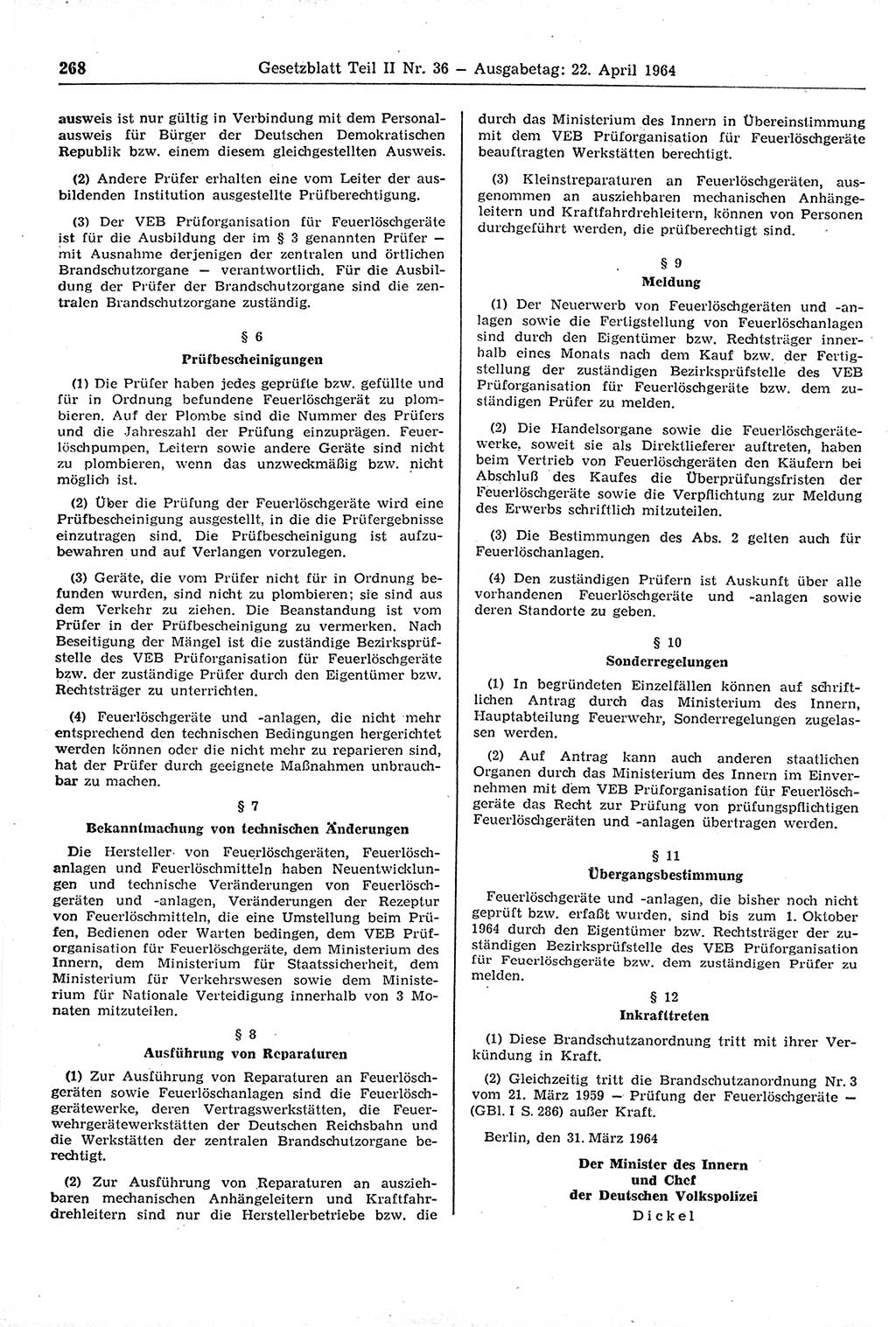 Gesetzblatt (GBl.) der Deutschen Demokratischen Republik (DDR) Teil ⅠⅠ 1964, Seite 268 (GBl. DDR ⅠⅠ 1964, S. 268)