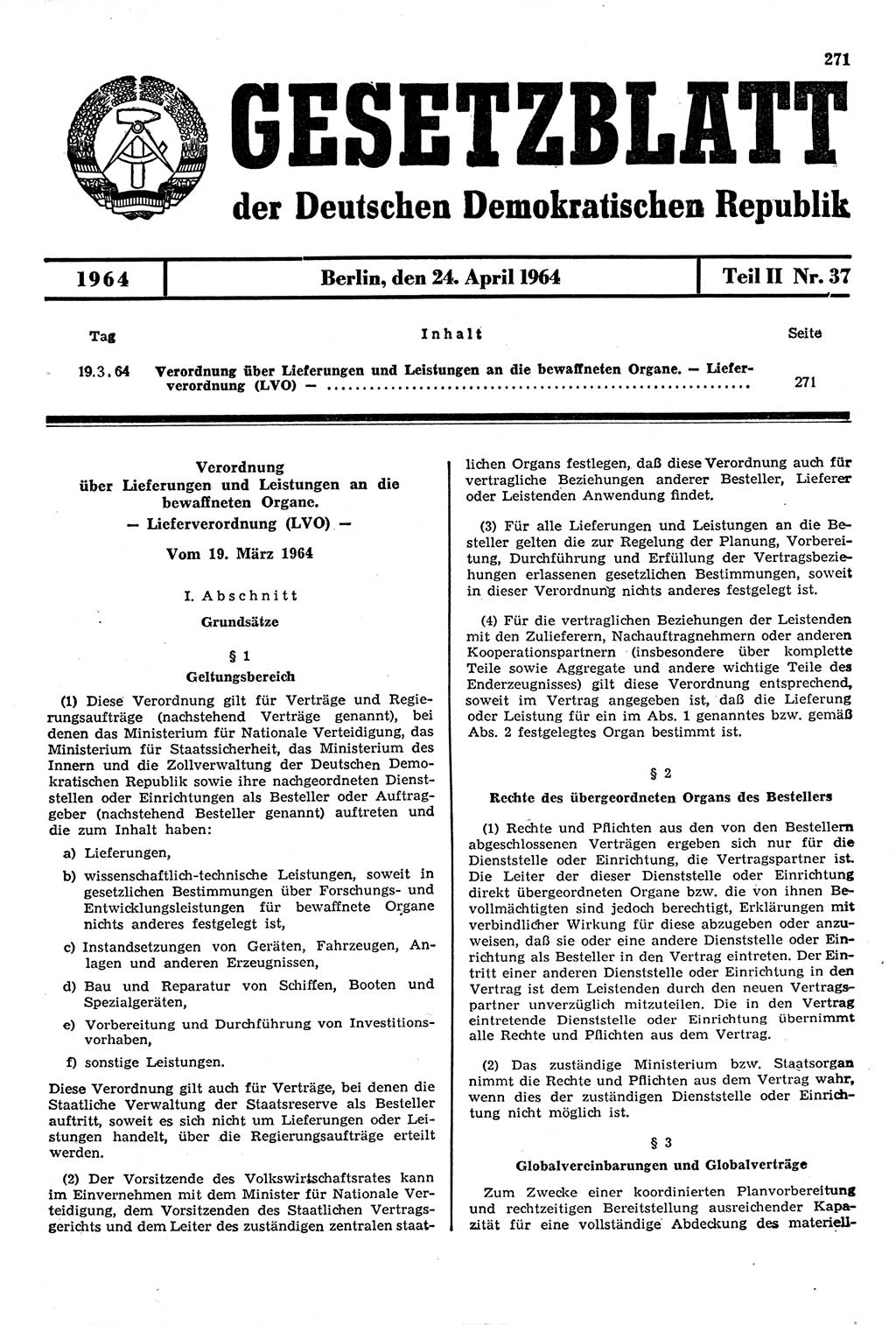 Gesetzblatt (GBl.) der Deutschen Demokratischen Republik (DDR) Teil ⅠⅠ 1964, Seite 271 (GBl. DDR ⅠⅠ 1964, S. 271)