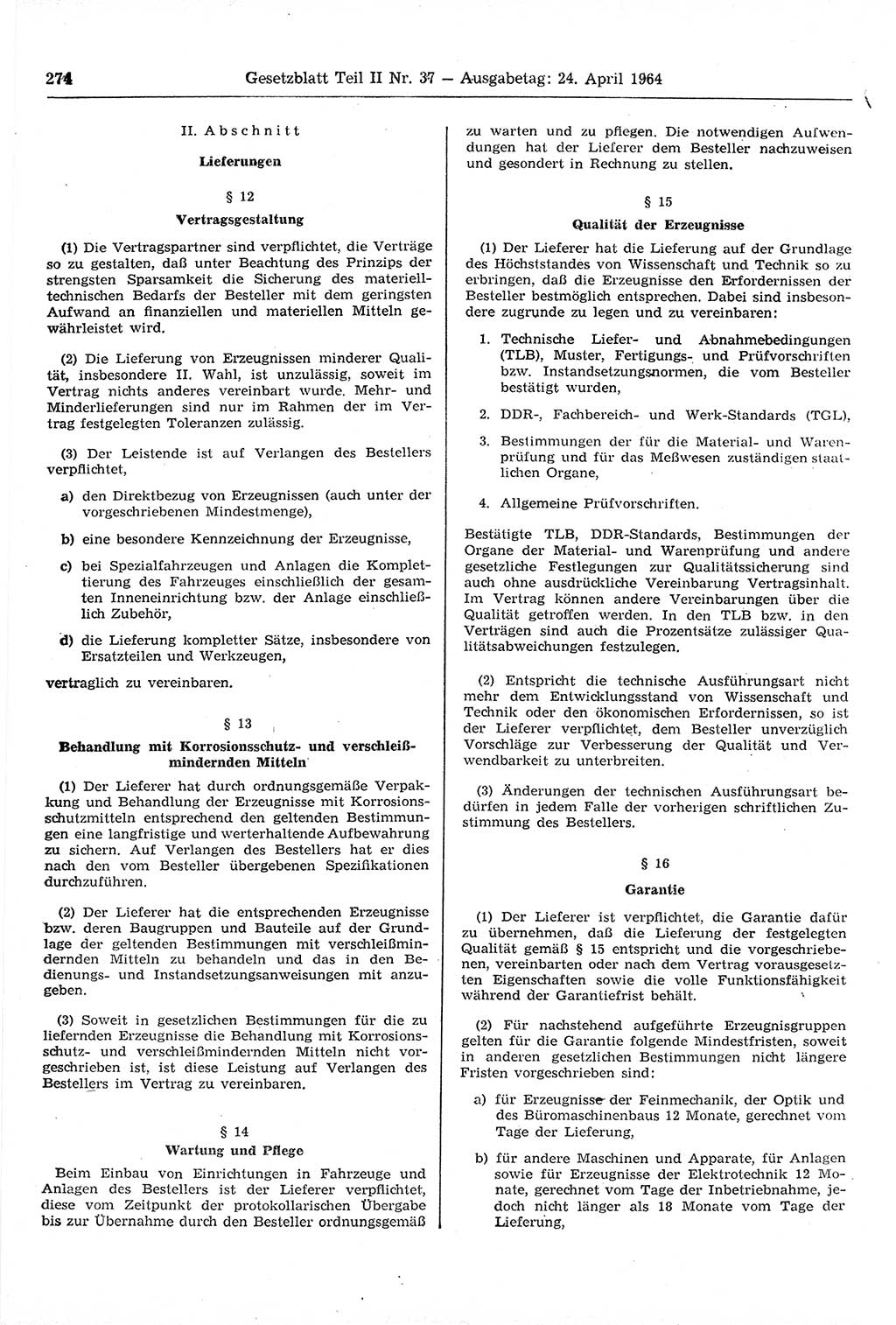 Gesetzblatt (GBl.) der Deutschen Demokratischen Republik (DDR) Teil ⅠⅠ 1964, Seite 274 (GBl. DDR ⅠⅠ 1964, S. 274)
