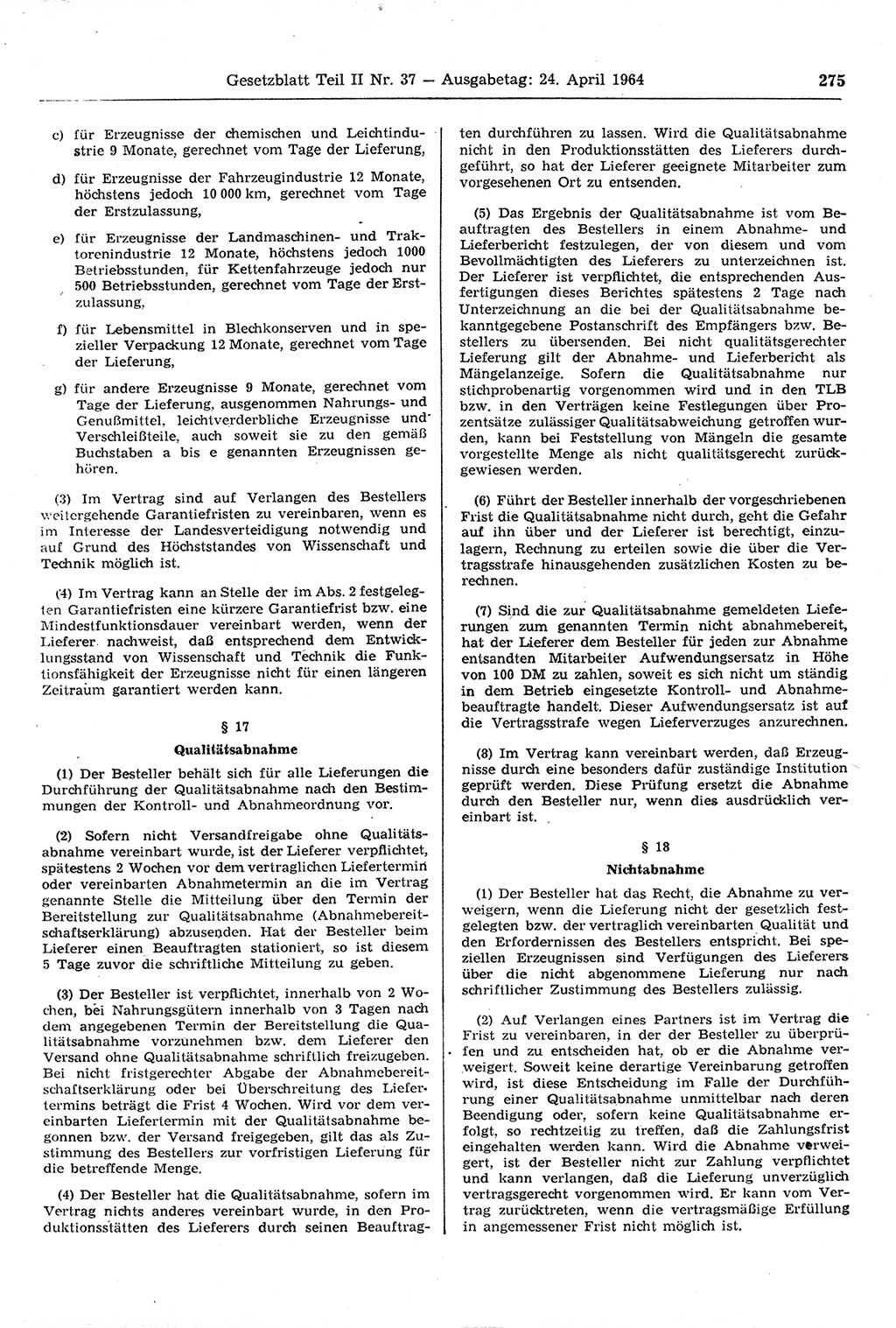 Gesetzblatt (GBl.) der Deutschen Demokratischen Republik (DDR) Teil ⅠⅠ 1964, Seite 275 (GBl. DDR ⅠⅠ 1964, S. 275)