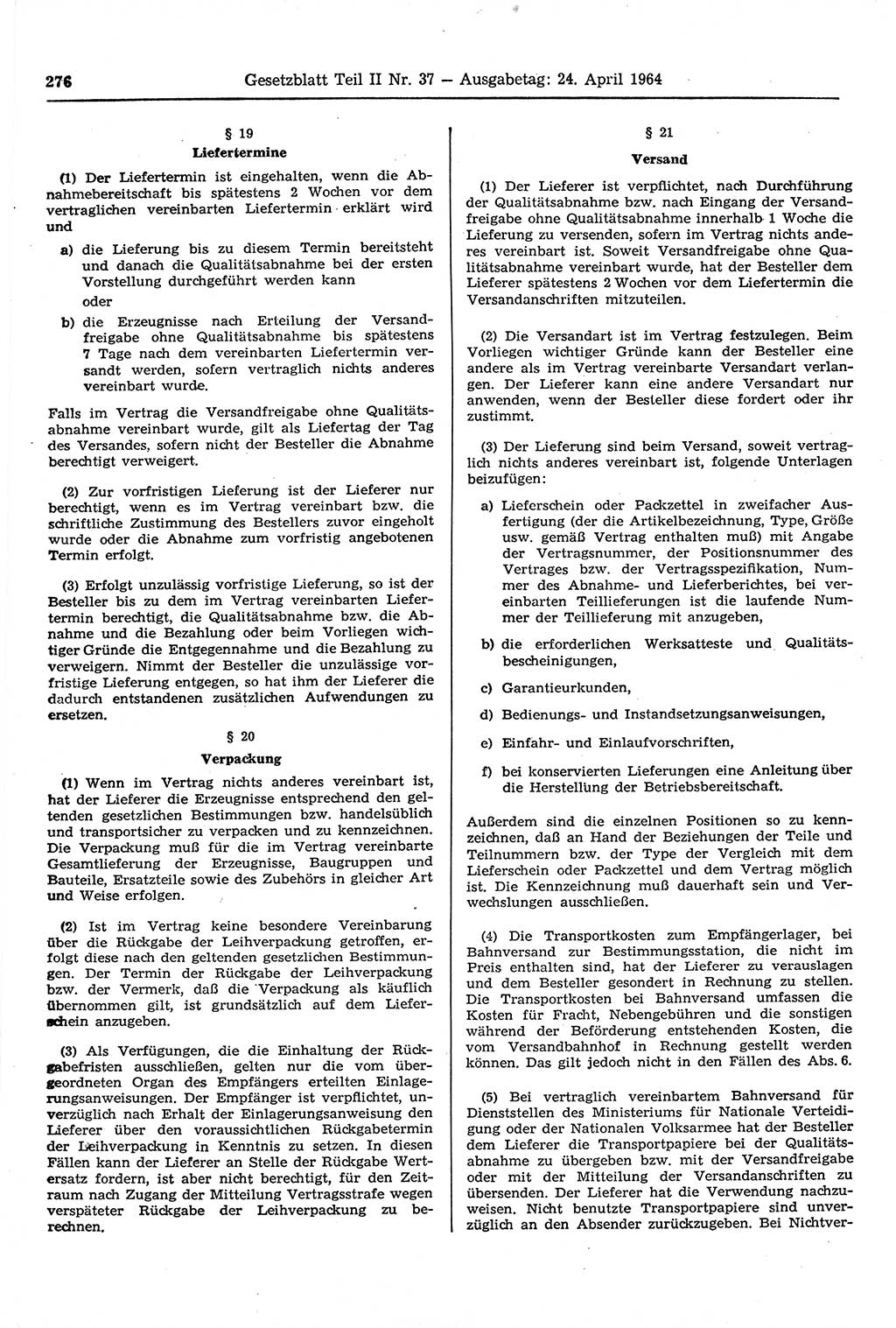 Gesetzblatt (GBl.) der Deutschen Demokratischen Republik (DDR) Teil ⅠⅠ 1964, Seite 276 (GBl. DDR ⅠⅠ 1964, S. 276)