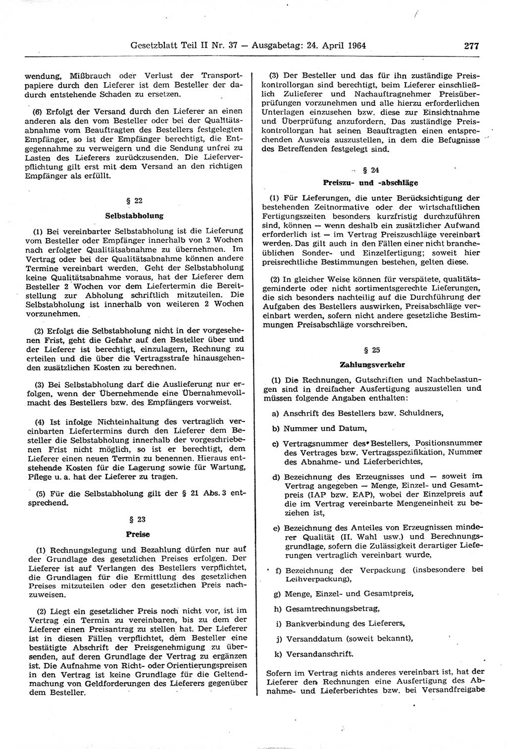 Gesetzblatt (GBl.) der Deutschen Demokratischen Republik (DDR) Teil ⅠⅠ 1964, Seite 277 (GBl. DDR ⅠⅠ 1964, S. 277)