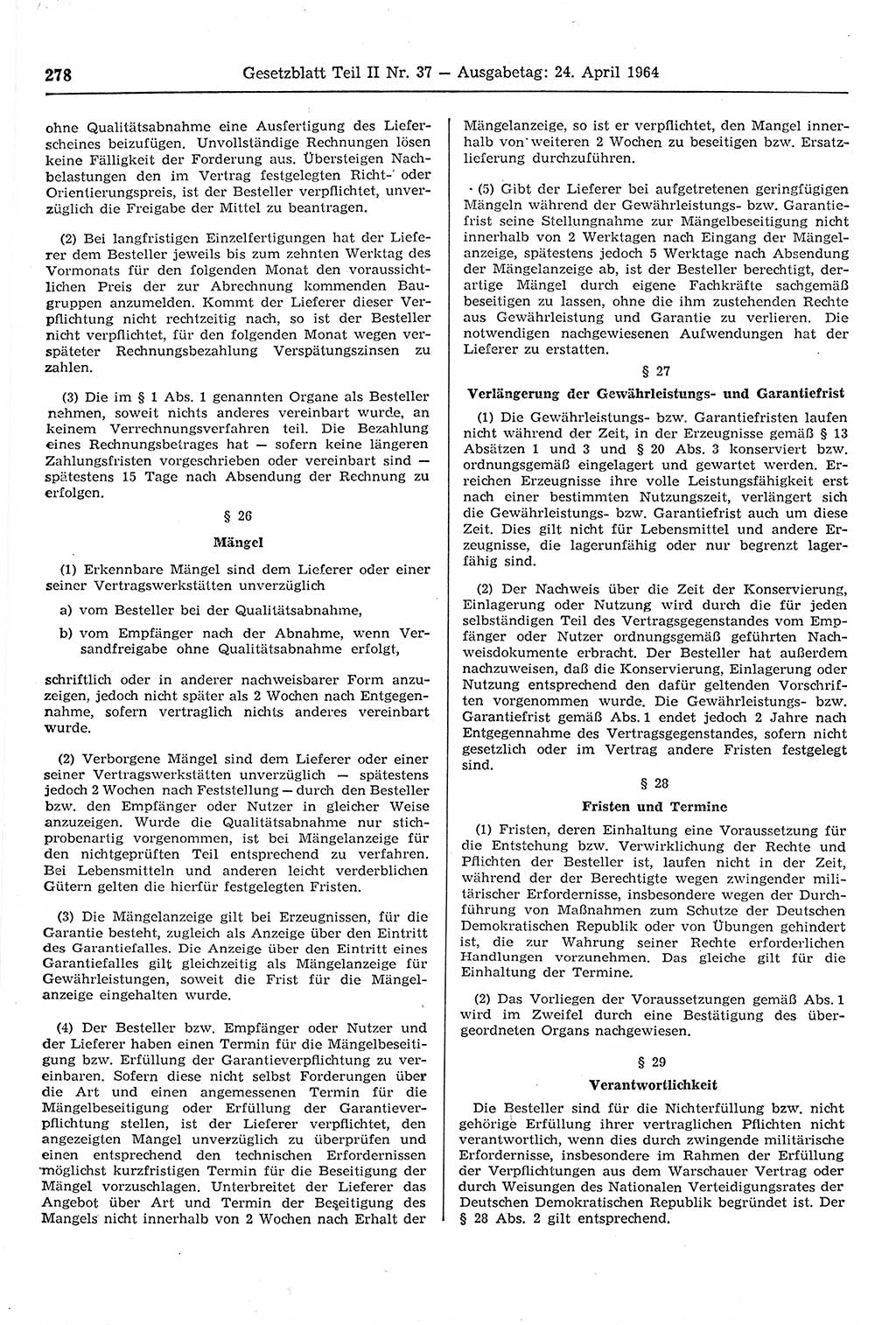 Gesetzblatt (GBl.) der Deutschen Demokratischen Republik (DDR) Teil ⅠⅠ 1964, Seite 278 (GBl. DDR ⅠⅠ 1964, S. 278)