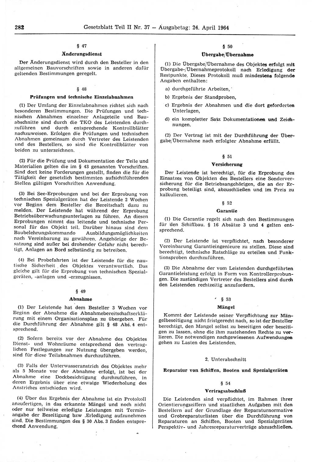 Gesetzblatt (GBl.) der Deutschen Demokratischen Republik (DDR) Teil ⅠⅠ 1964, Seite 282 (GBl. DDR ⅠⅠ 1964, S. 282)