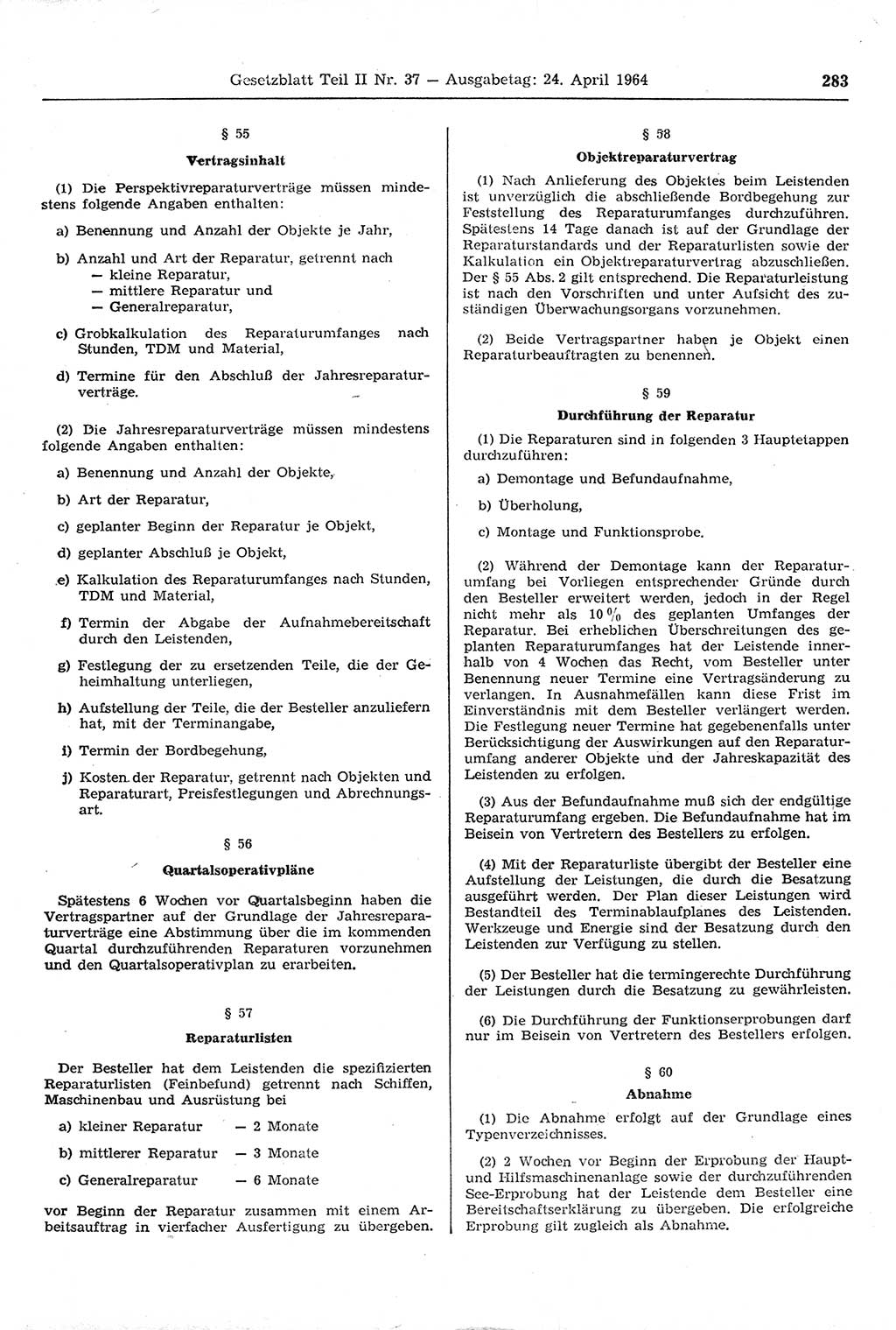 Gesetzblatt (GBl.) der Deutschen Demokratischen Republik (DDR) Teil ⅠⅠ 1964, Seite 283 (GBl. DDR ⅠⅠ 1964, S. 283)