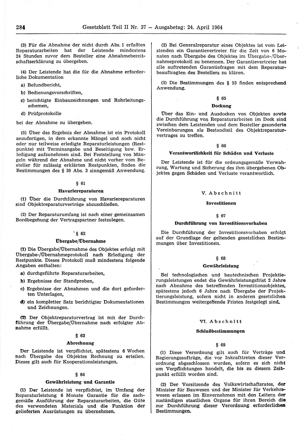 Gesetzblatt (GBl.) der Deutschen Demokratischen Republik (DDR) Teil ⅠⅠ 1964, Seite 284 (GBl. DDR ⅠⅠ 1964, S. 284)