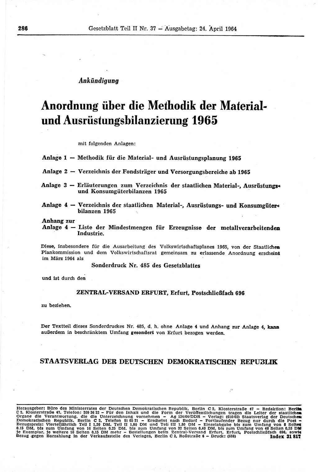 Gesetzblatt (GBl.) der Deutschen Demokratischen Republik (DDR) Teil ⅠⅠ 1964, Seite 286 (GBl. DDR ⅠⅠ 1964, S. 286)