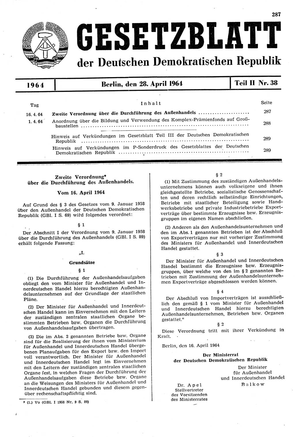 Gesetzblatt (GBl.) der Deutschen Demokratischen Republik (DDR) Teil ⅠⅠ 1964, Seite 287 (GBl. DDR ⅠⅠ 1964, S. 287)