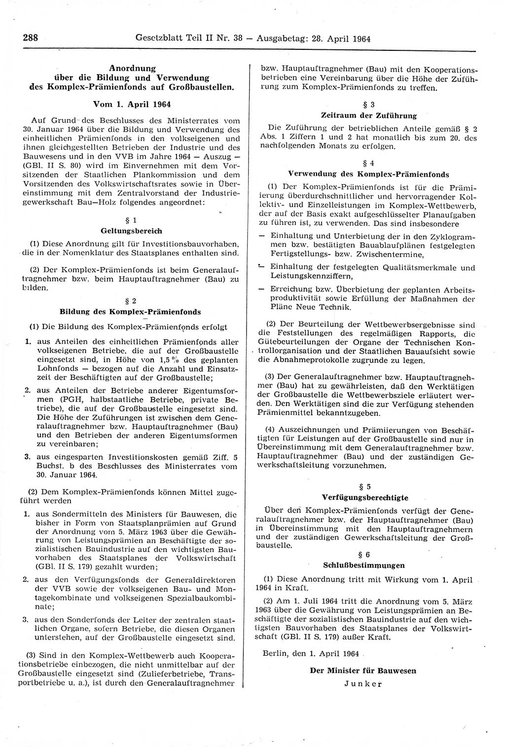 Gesetzblatt (GBl.) der Deutschen Demokratischen Republik (DDR) Teil ⅠⅠ 1964, Seite 288 (GBl. DDR ⅠⅠ 1964, S. 288)