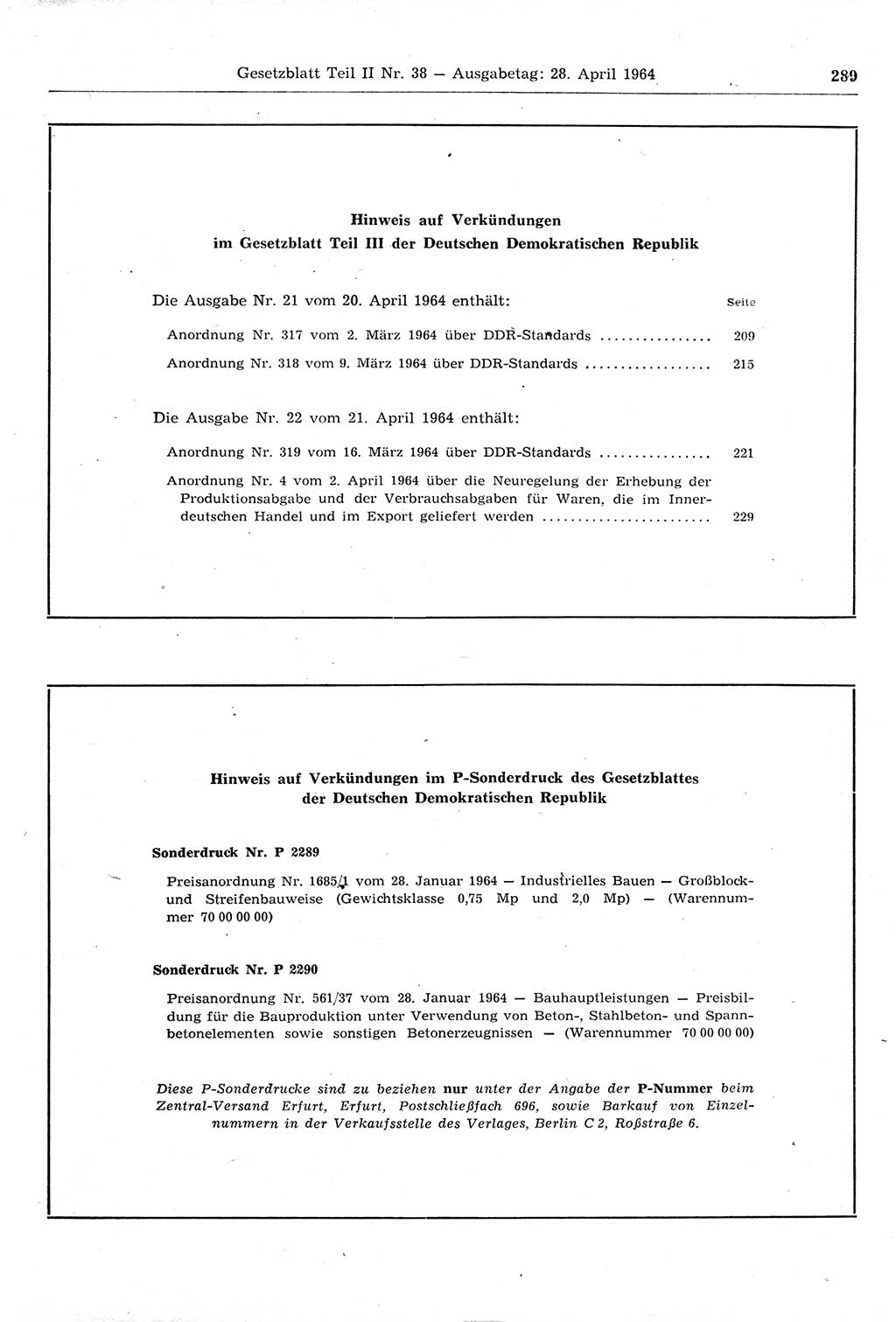 Gesetzblatt (GBl.) der Deutschen Demokratischen Republik (DDR) Teil ⅠⅠ 1964, Seite 289 (GBl. DDR ⅠⅠ 1964, S. 289)