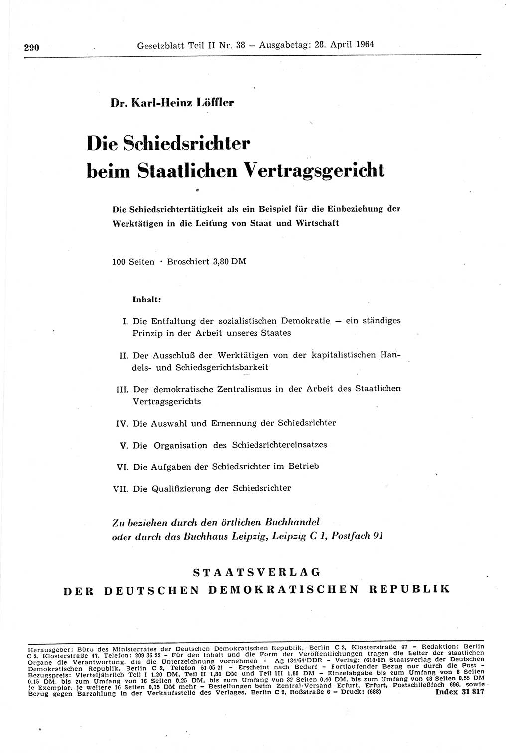 Gesetzblatt (GBl.) der Deutschen Demokratischen Republik (DDR) Teil ⅠⅠ 1964, Seite 290 (GBl. DDR ⅠⅠ 1964, S. 290)