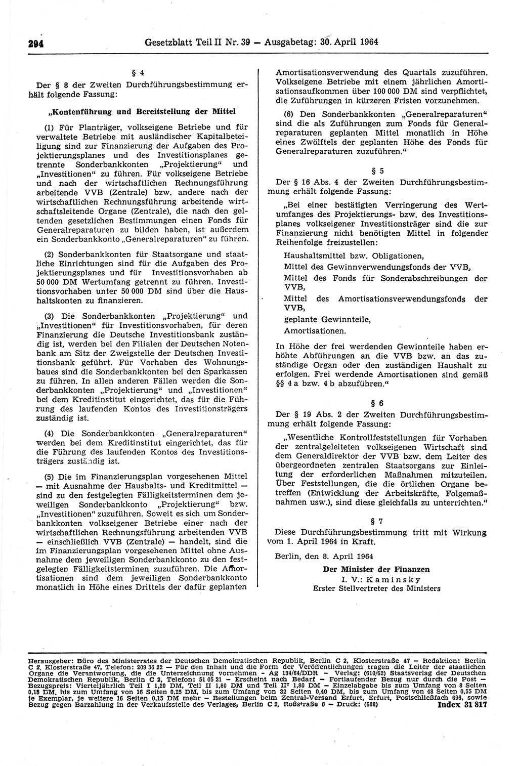 Gesetzblatt (GBl.) der Deutschen Demokratischen Republik (DDR) Teil ⅠⅠ 1964, Seite 294 (GBl. DDR ⅠⅠ 1964, S. 294)