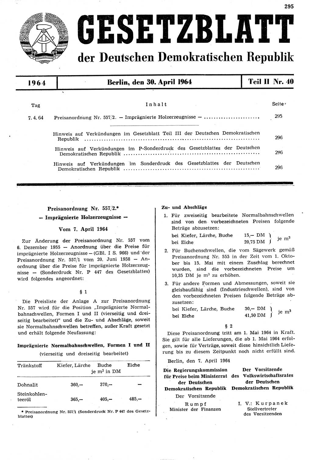 Gesetzblatt (GBl.) der Deutschen Demokratischen Republik (DDR) Teil ⅠⅠ 1964, Seite 295 (GBl. DDR ⅠⅠ 1964, S. 295)