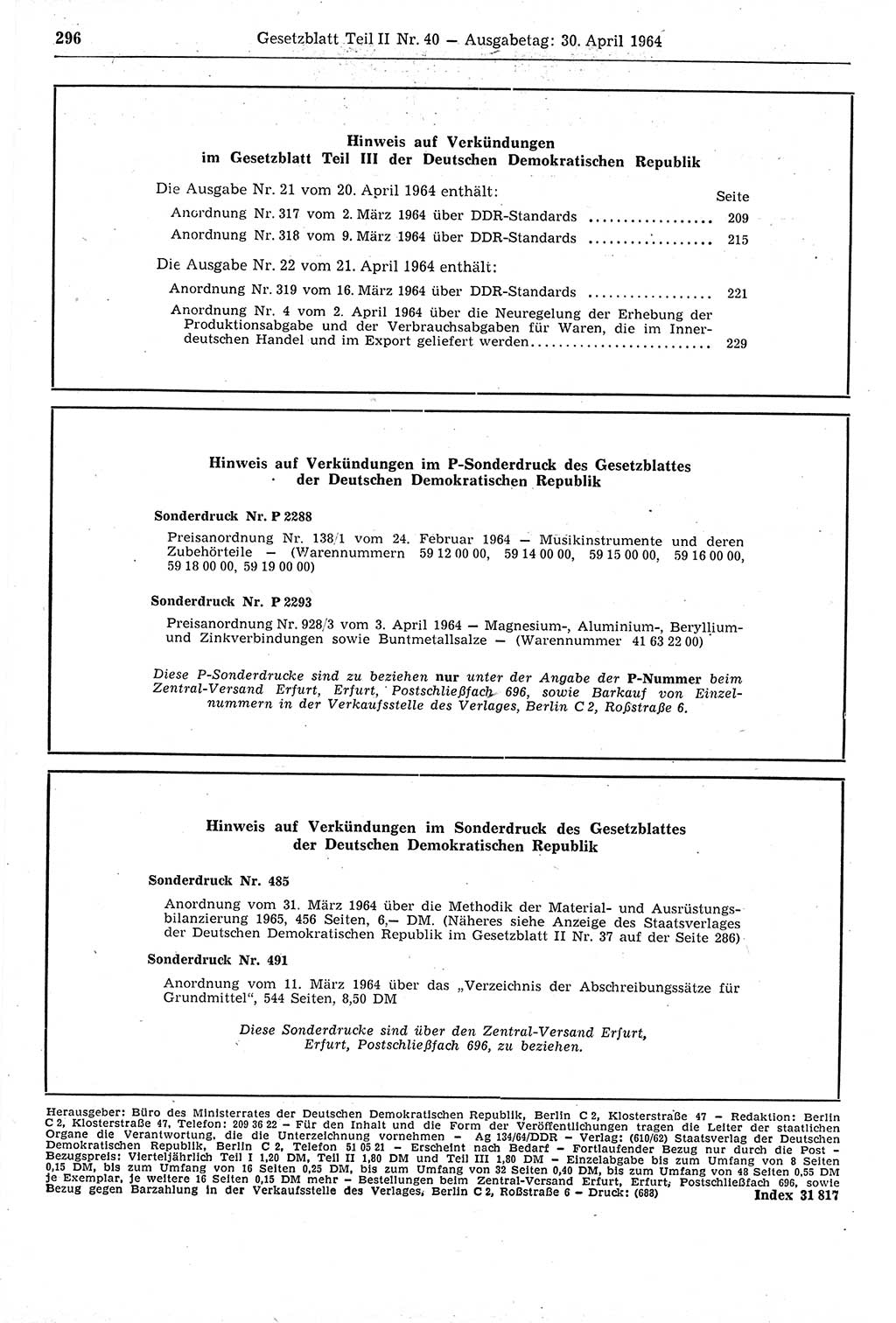 Gesetzblatt (GBl.) der Deutschen Demokratischen Republik (DDR) Teil ⅠⅠ 1964, Seite 296 (GBl. DDR ⅠⅠ 1964, S. 296)