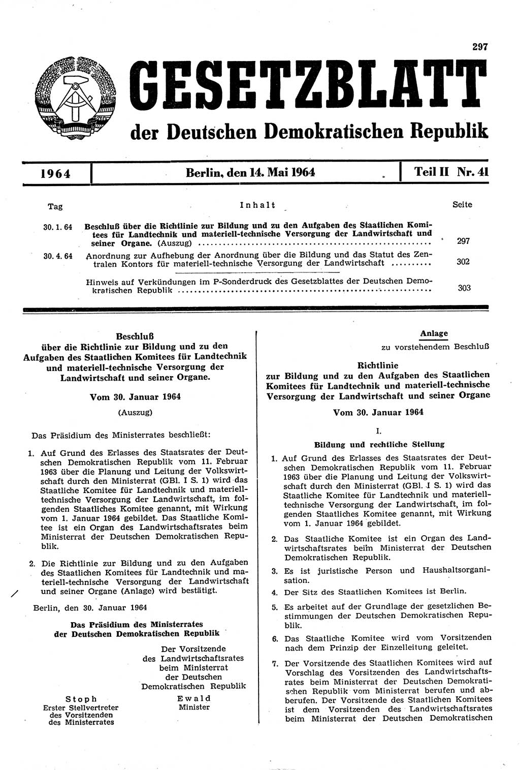 Gesetzblatt (GBl.) der Deutschen Demokratischen Republik (DDR) Teil ⅠⅠ 1964, Seite 297 (GBl. DDR ⅠⅠ 1964, S. 297)