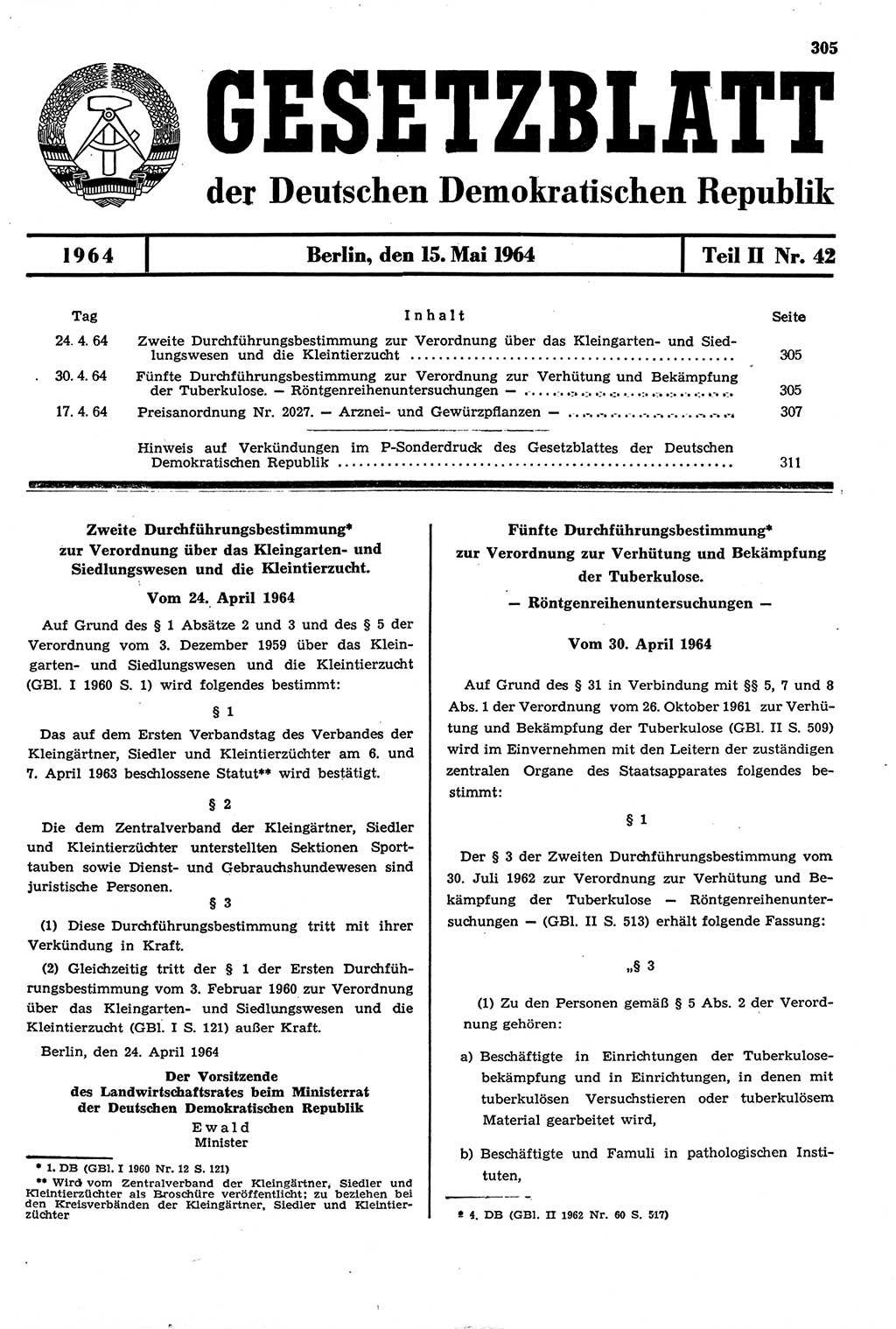 Gesetzblatt (GBl.) der Deutschen Demokratischen Republik (DDR) Teil ⅠⅠ 1964, Seite 305 (GBl. DDR ⅠⅠ 1964, S. 305)
