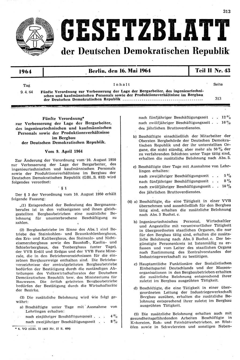 Gesetzblatt (GBl.) der Deutschen Demokratischen Republik (DDR) Teil ⅠⅠ 1964, Seite 313 (GBl. DDR ⅠⅠ 1964, S. 313)