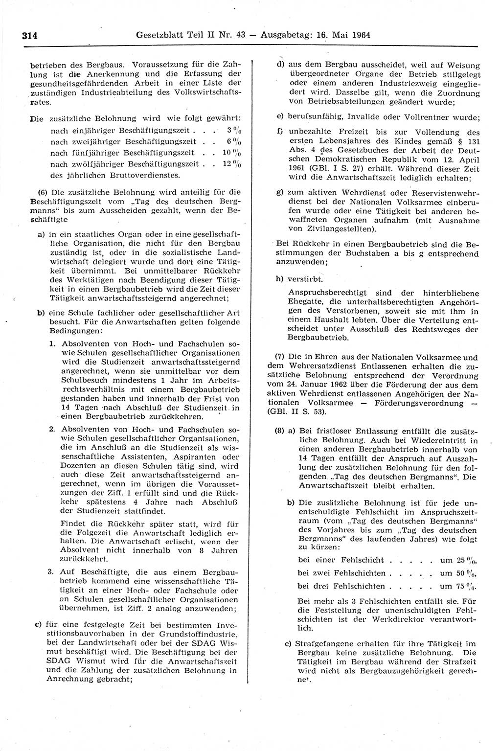Gesetzblatt (GBl.) der Deutschen Demokratischen Republik (DDR) Teil ⅠⅠ 1964, Seite 314 (GBl. DDR ⅠⅠ 1964, S. 314)