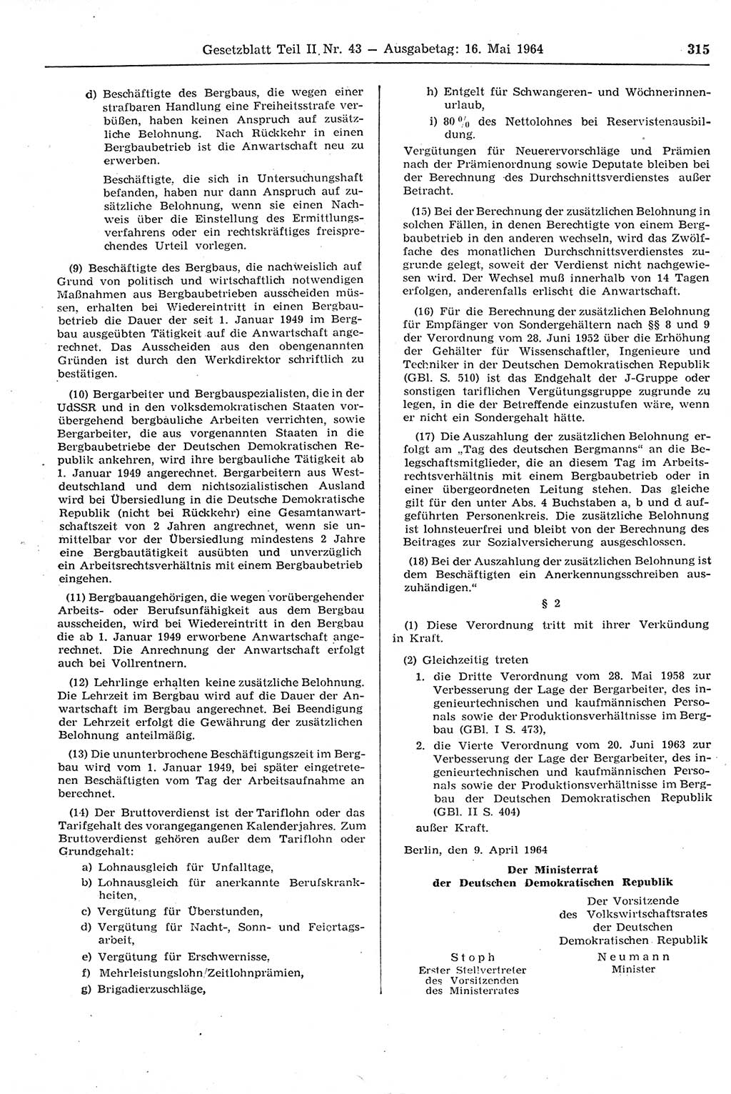 Gesetzblatt (GBl.) der Deutschen Demokratischen Republik (DDR) Teil ⅠⅠ 1964, Seite 315 (GBl. DDR ⅠⅠ 1964, S. 315)