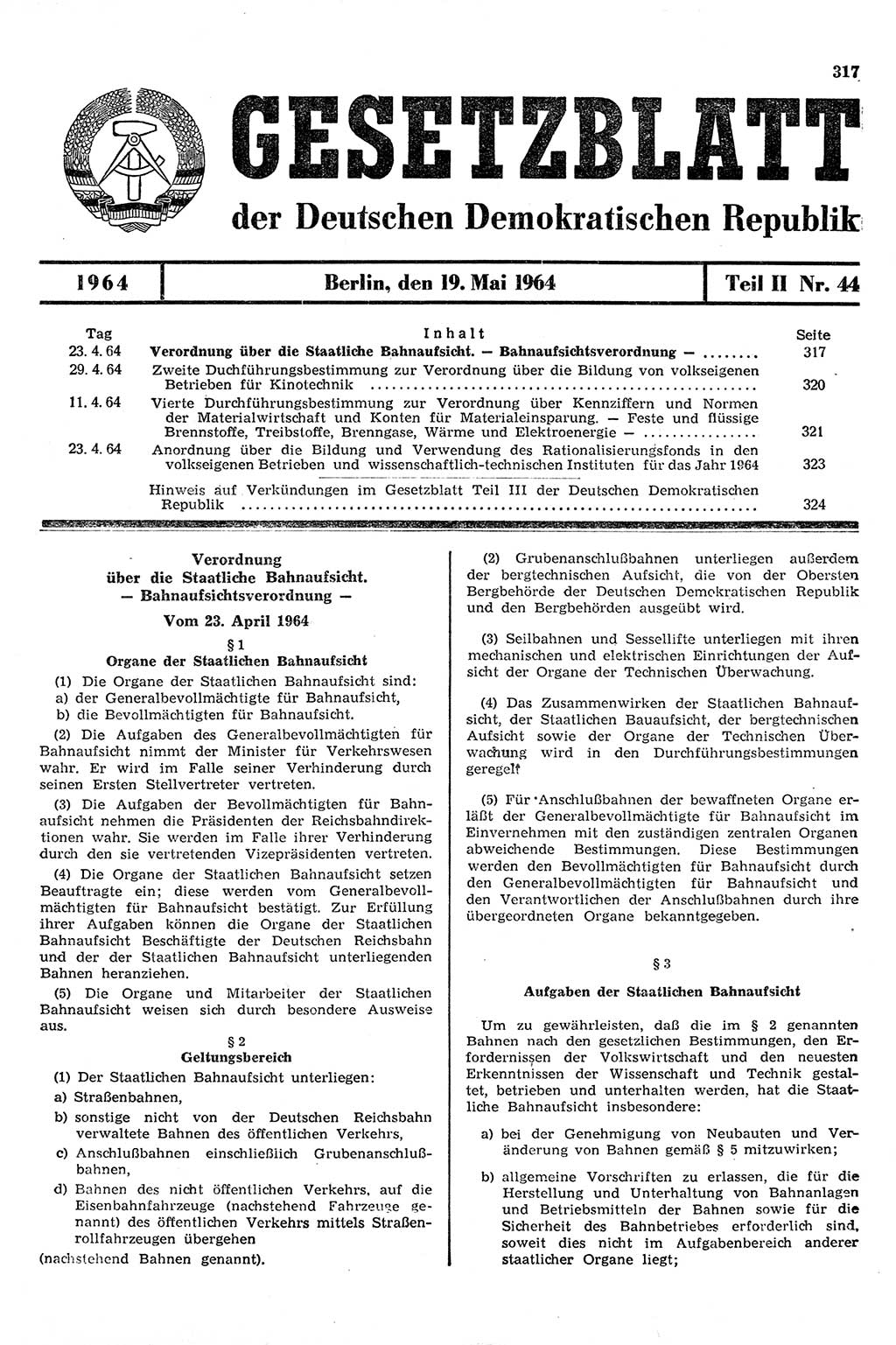 Gesetzblatt (GBl.) der Deutschen Demokratischen Republik (DDR) Teil ⅠⅠ 1964, Seite 317 (GBl. DDR ⅠⅠ 1964, S. 317)