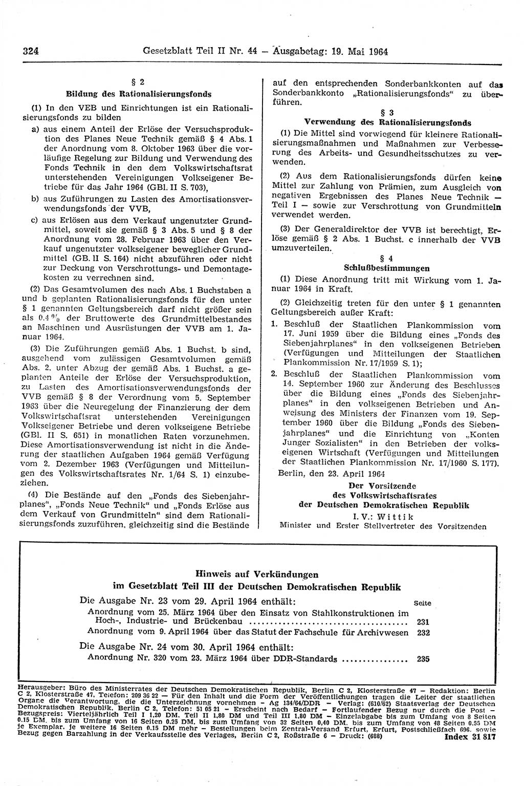 Gesetzblatt (GBl.) der Deutschen Demokratischen Republik (DDR) Teil ⅠⅠ 1964, Seite 324 (GBl. DDR ⅠⅠ 1964, S. 324)