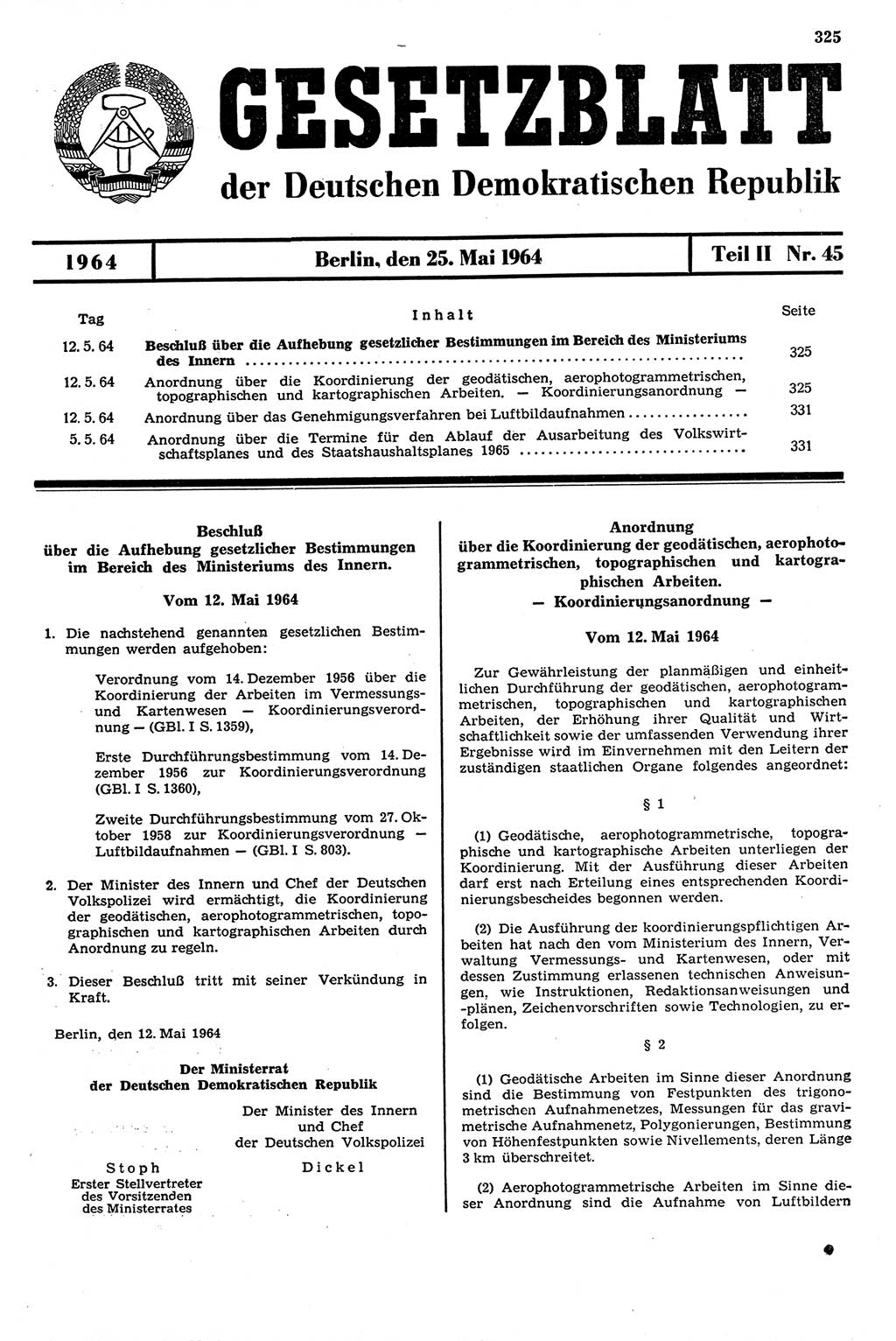 Gesetzblatt (GBl.) der Deutschen Demokratischen Republik (DDR) Teil ⅠⅠ 1964, Seite 325 (GBl. DDR ⅠⅠ 1964, S. 325)