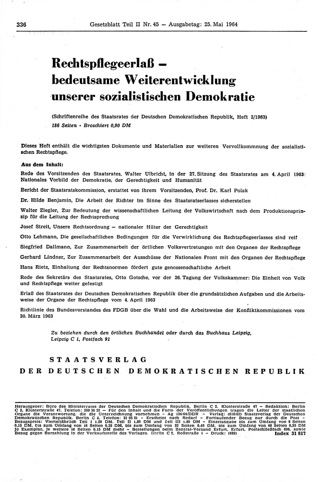 Gesetzblatt (GBl.) der Deutschen Demokratischen Republik (DDR) Teil ⅠⅠ 1964, Seite 336 (GBl. DDR ⅠⅠ 1964, S. 336)