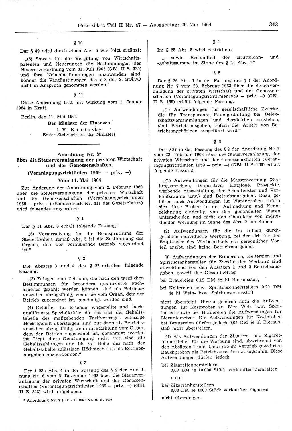 Gesetzblatt (GBl.) der Deutschen Demokratischen Republik (DDR) Teil ⅠⅠ 1964, Seite 343 (GBl. DDR ⅠⅠ 1964, S. 343)