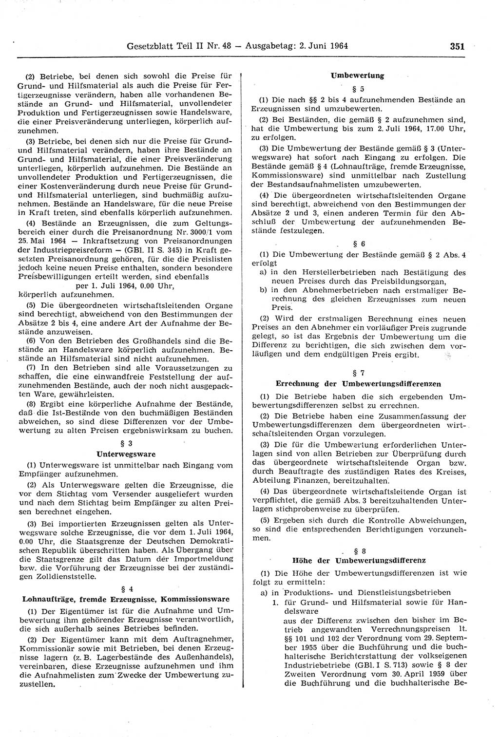 Gesetzblatt (GBl.) der Deutschen Demokratischen Republik (DDR) Teil ⅠⅠ 1964, Seite 351 (GBl. DDR ⅠⅠ 1964, S. 351)