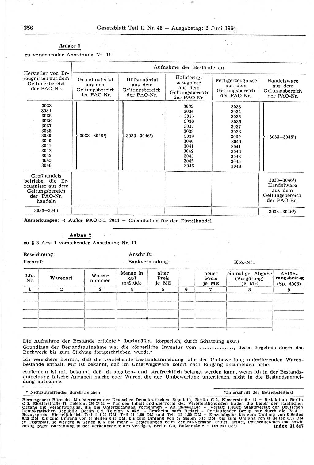 Gesetzblatt (GBl.) der Deutschen Demokratischen Republik (DDR) Teil ⅠⅠ 1964, Seite 356 (GBl. DDR ⅠⅠ 1964, S. 356)