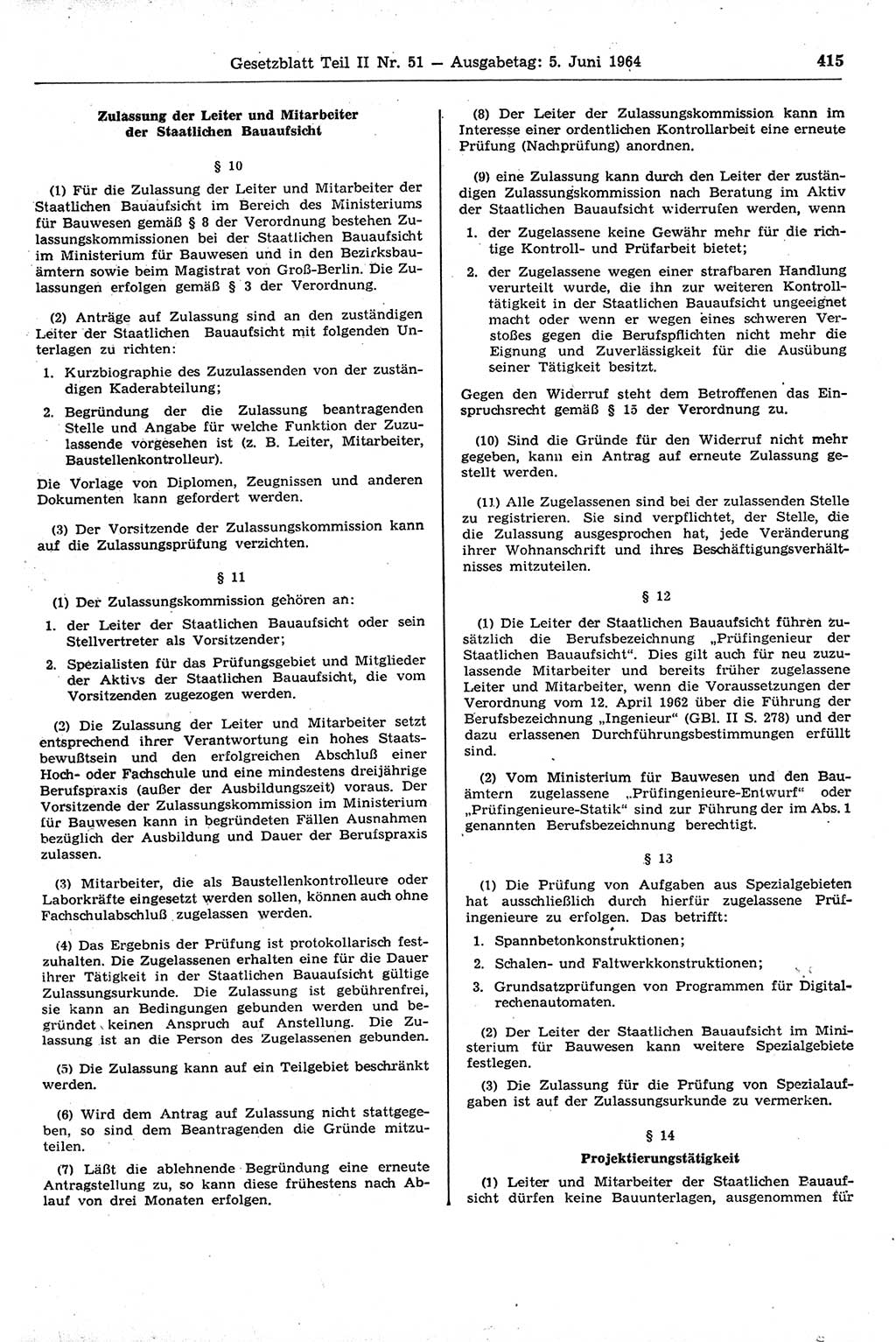 Gesetzblatt (GBl.) der Deutschen Demokratischen Republik (DDR) Teil ⅠⅠ 1964, Seite 415 (GBl. DDR ⅠⅠ 1964, S. 415)