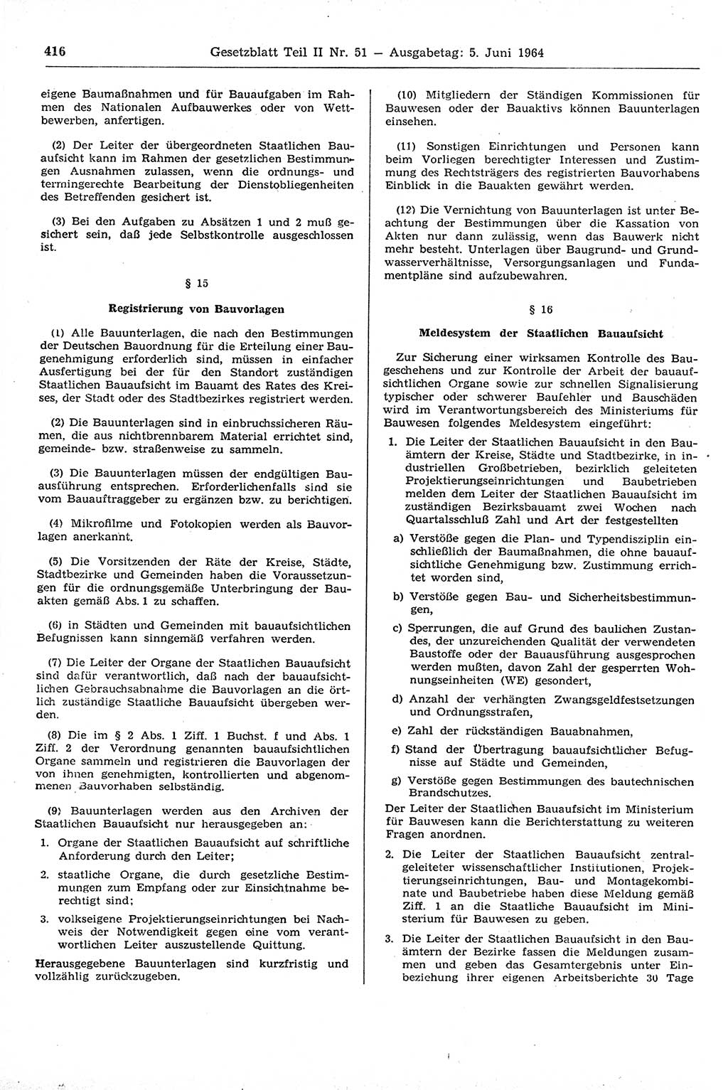 Gesetzblatt (GBl.) der Deutschen Demokratischen Republik (DDR) Teil ⅠⅠ 1964, Seite 416 (GBl. DDR ⅠⅠ 1964, S. 416)