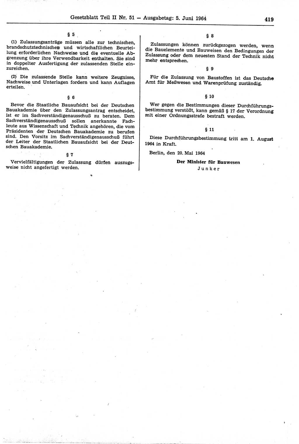 Gesetzblatt (GBl.) der Deutschen Demokratischen Republik (DDR) Teil ⅠⅠ 1964, Seite 419 (GBl. DDR ⅠⅠ 1964, S. 419)