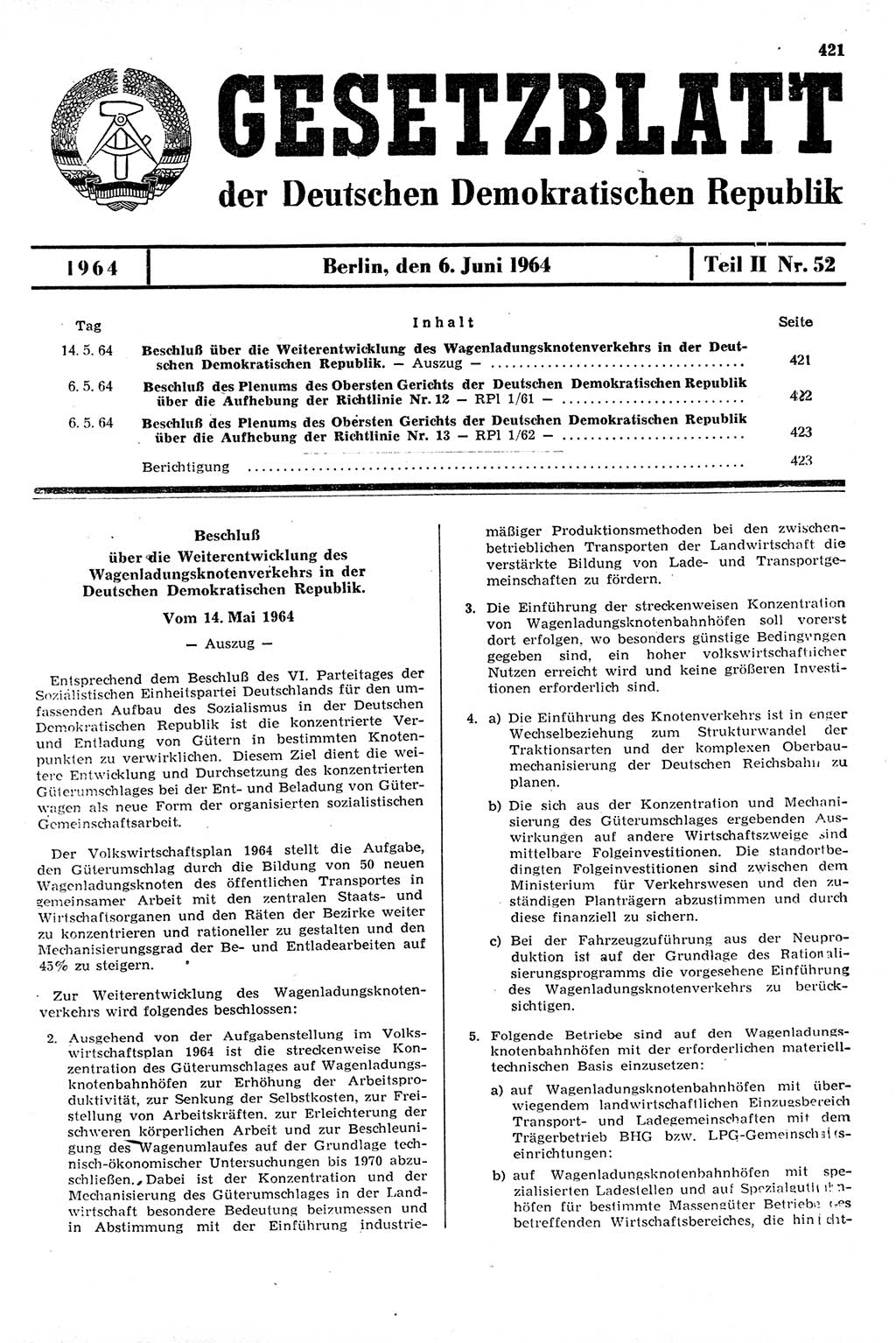 Gesetzblatt (GBl.) der Deutschen Demokratischen Republik (DDR) Teil ⅠⅠ 1964, Seite 421 (GBl. DDR ⅠⅠ 1964, S. 421)