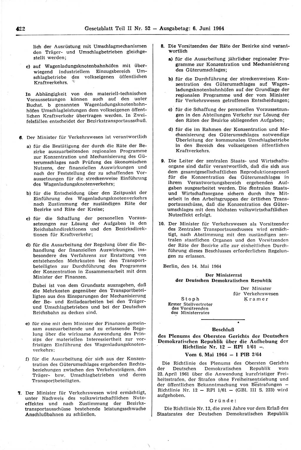 Gesetzblatt (GBl.) der Deutschen Demokratischen Republik (DDR) Teil ⅠⅠ 1964, Seite 422 (GBl. DDR ⅠⅠ 1964, S. 422)