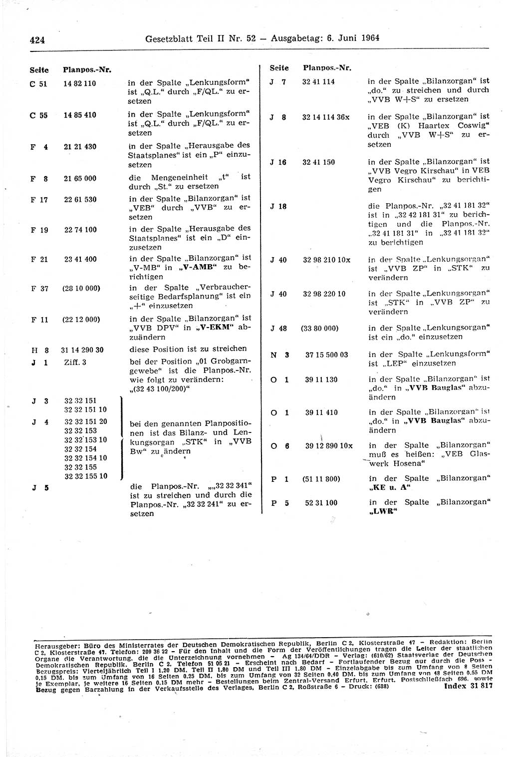 Gesetzblatt (GBl.) der Deutschen Demokratischen Republik (DDR) Teil ⅠⅠ 1964, Seite 424 (GBl. DDR ⅠⅠ 1964, S. 424)