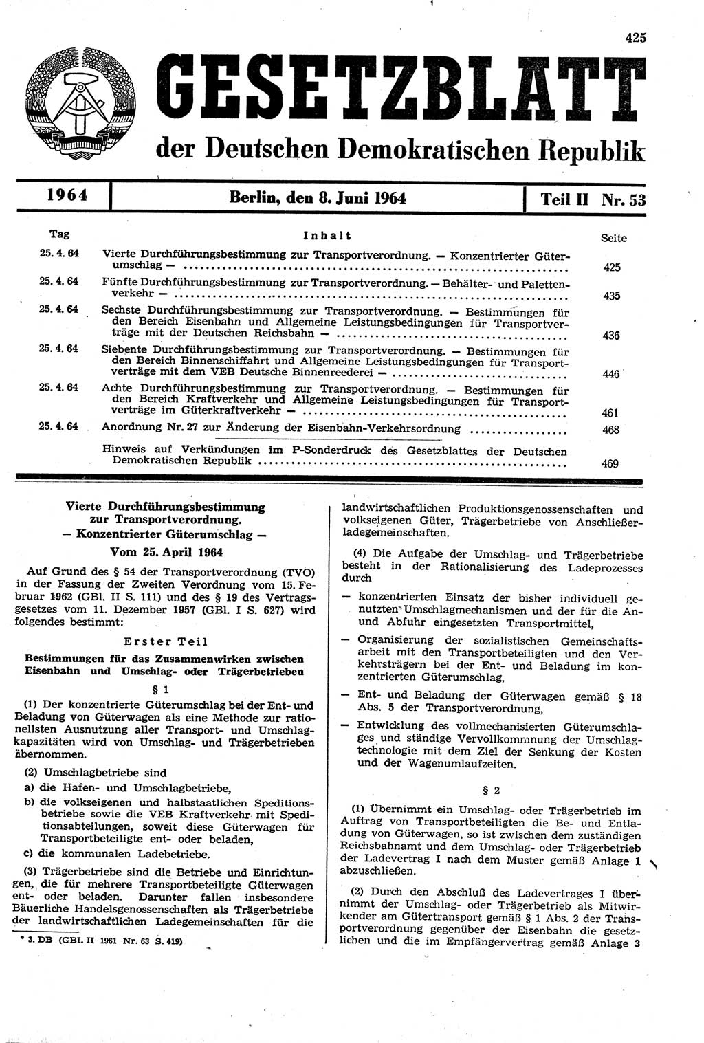 Gesetzblatt (GBl.) der Deutschen Demokratischen Republik (DDR) Teil ⅠⅠ 1964, Seite 425 (GBl. DDR ⅠⅠ 1964, S. 425)