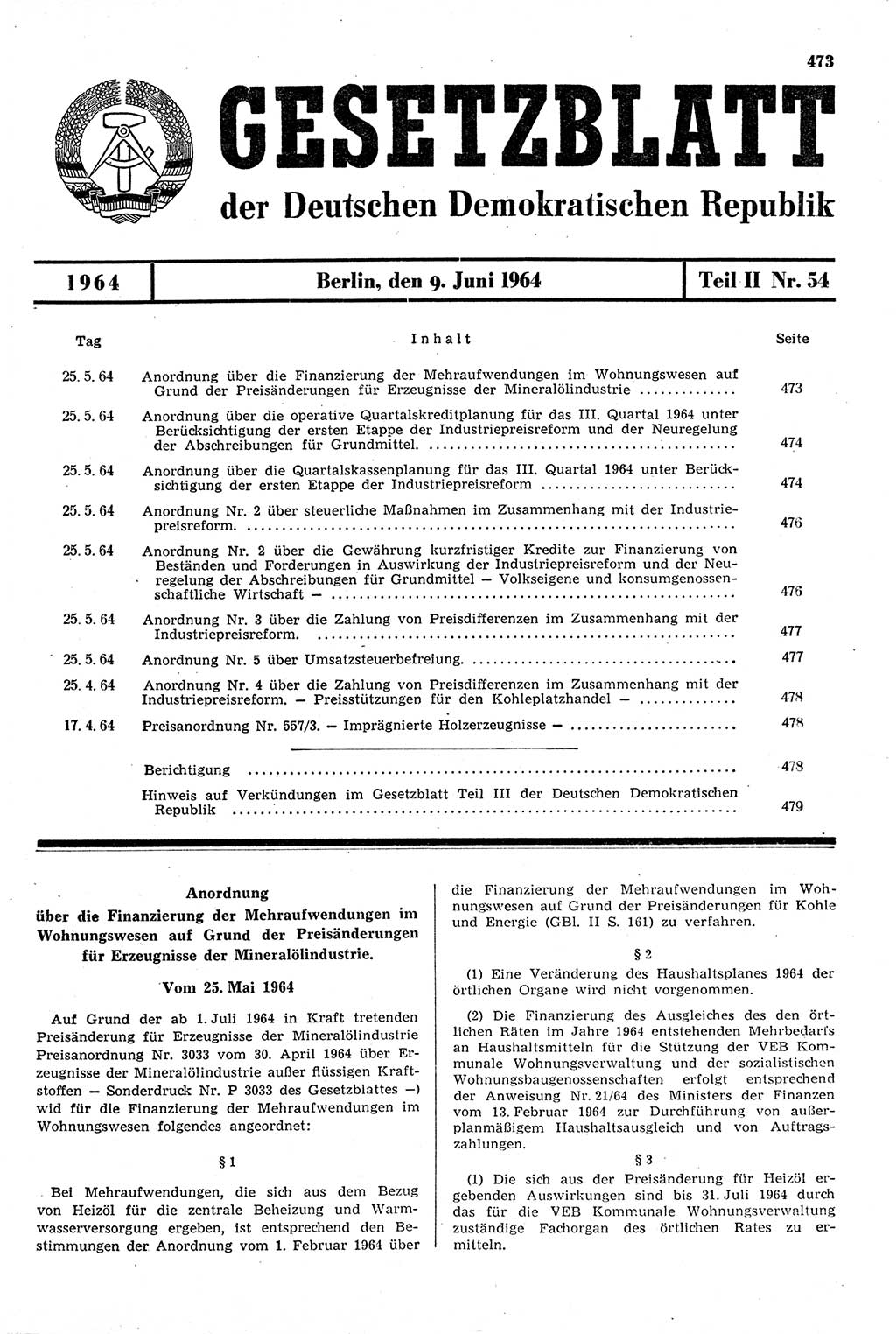 Gesetzblatt (GBl.) der Deutschen Demokratischen Republik (DDR) Teil ⅠⅠ 1964, Seite 473 (GBl. DDR ⅠⅠ 1964, S. 473)