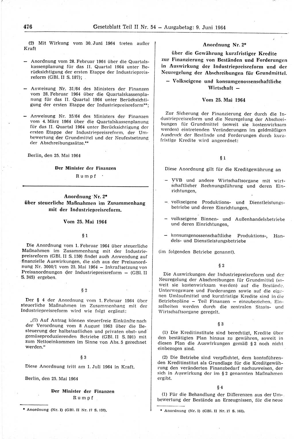 Gesetzblatt (GBl.) der Deutschen Demokratischen Republik (DDR) Teil ⅠⅠ 1964, Seite 476 (GBl. DDR ⅠⅠ 1964, S. 476)