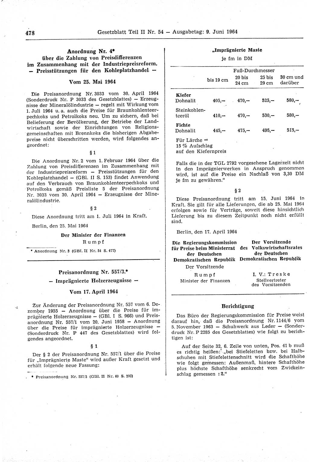 Gesetzblatt (GBl.) der Deutschen Demokratischen Republik (DDR) Teil ⅠⅠ 1964, Seite 478 (GBl. DDR ⅠⅠ 1964, S. 478)