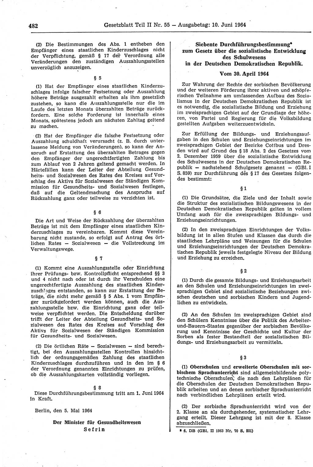 Gesetzblatt (GBl.) der Deutschen Demokratischen Republik (DDR) Teil ⅠⅠ 1964, Seite 482 (GBl. DDR ⅠⅠ 1964, S. 482)