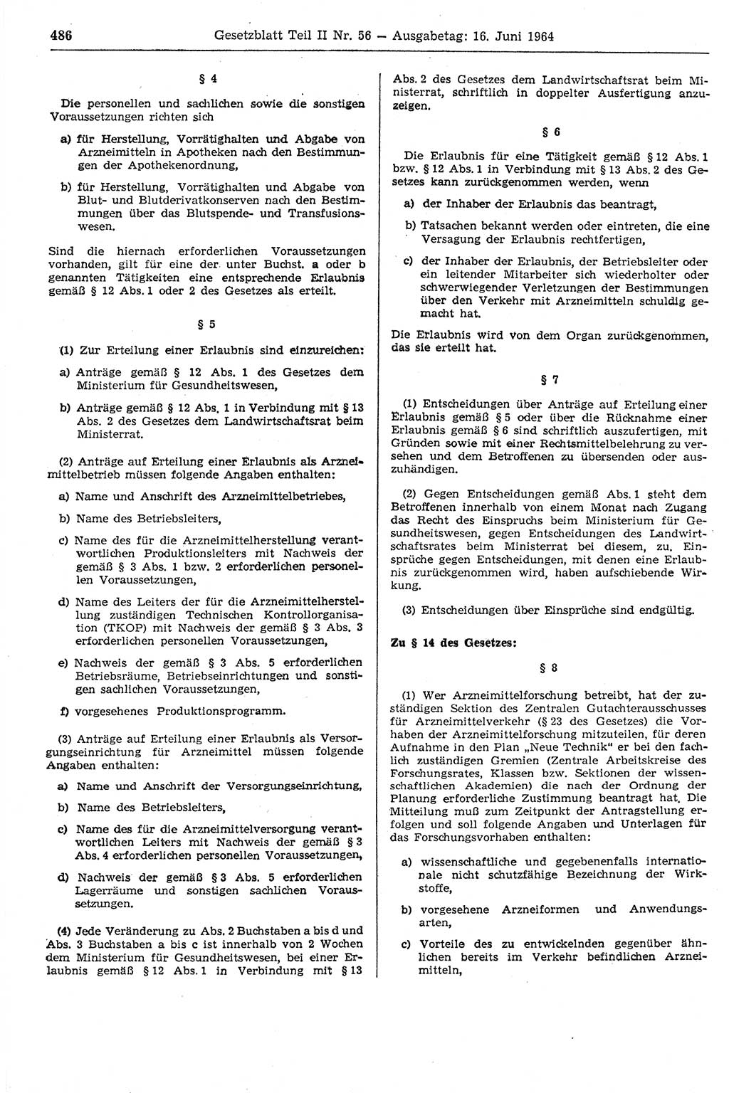 Gesetzblatt (GBl.) der Deutschen Demokratischen Republik (DDR) Teil ⅠⅠ 1964, Seite 486 (GBl. DDR ⅠⅠ 1964, S. 486)