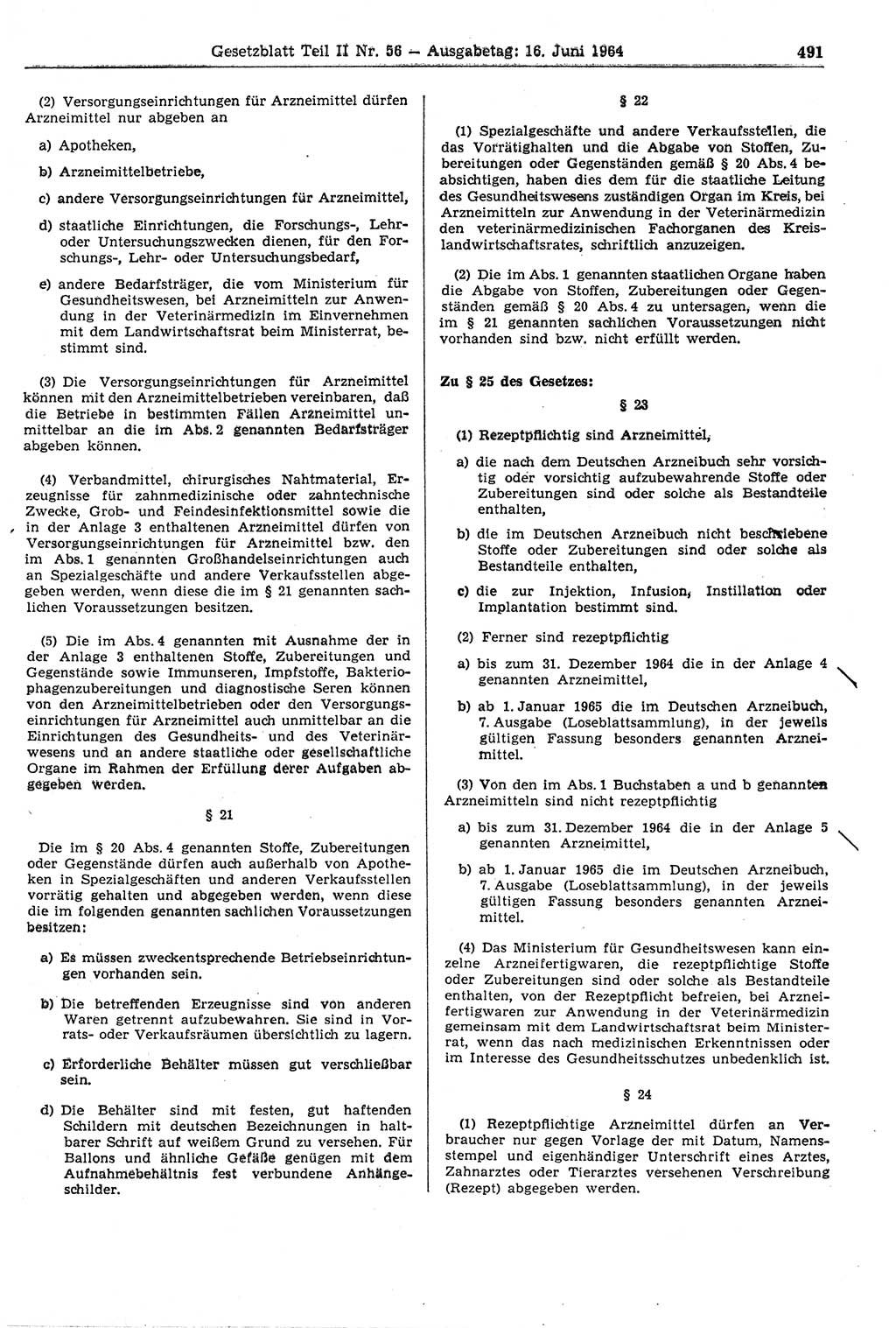 Gesetzblatt (GBl.) der Deutschen Demokratischen Republik (DDR) Teil ⅠⅠ 1964, Seite 491 (GBl. DDR ⅠⅠ 1964, S. 491)