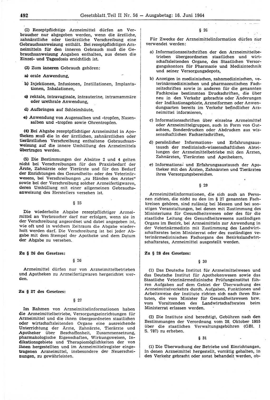 Gesetzblatt (GBl.) der Deutschen Demokratischen Republik (DDR) Teil ⅠⅠ 1964, Seite 492 (GBl. DDR ⅠⅠ 1964, S. 492)