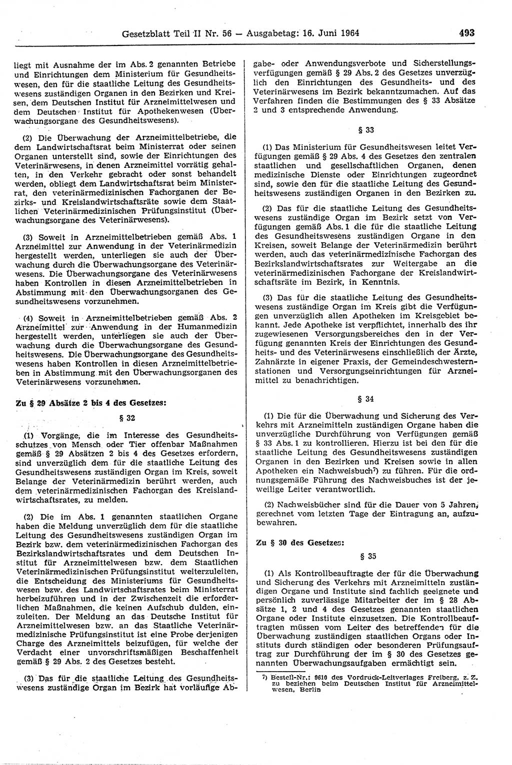 Gesetzblatt (GBl.) der Deutschen Demokratischen Republik (DDR) Teil ⅠⅠ 1964, Seite 493 (GBl. DDR ⅠⅠ 1964, S. 493)