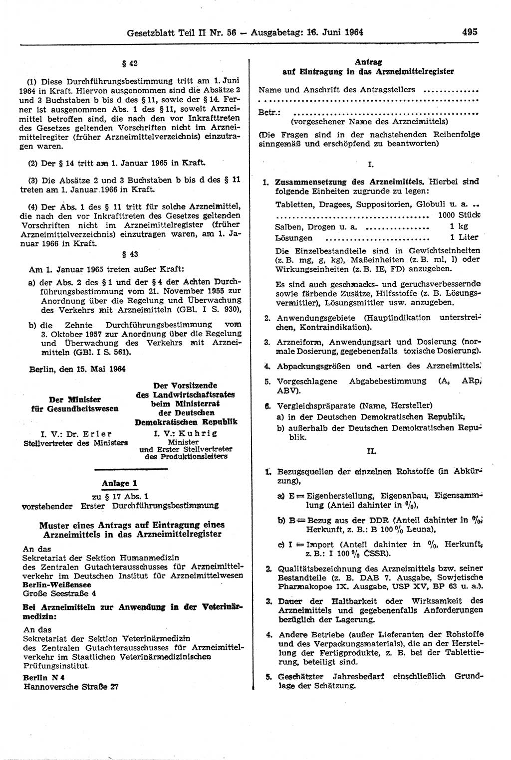 Gesetzblatt (GBl.) der Deutschen Demokratischen Republik (DDR) Teil ⅠⅠ 1964, Seite 495 (GBl. DDR ⅠⅠ 1964, S. 495)