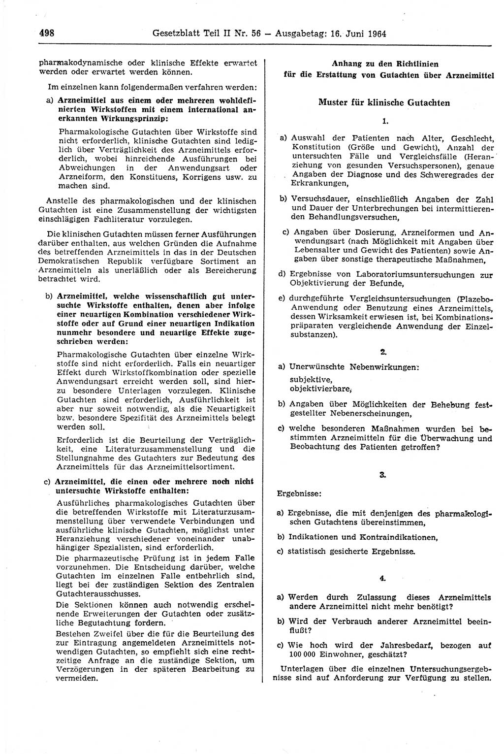 Gesetzblatt (GBl.) der Deutschen Demokratischen Republik (DDR) Teil ⅠⅠ 1964, Seite 498 (GBl. DDR ⅠⅠ 1964, S. 498)