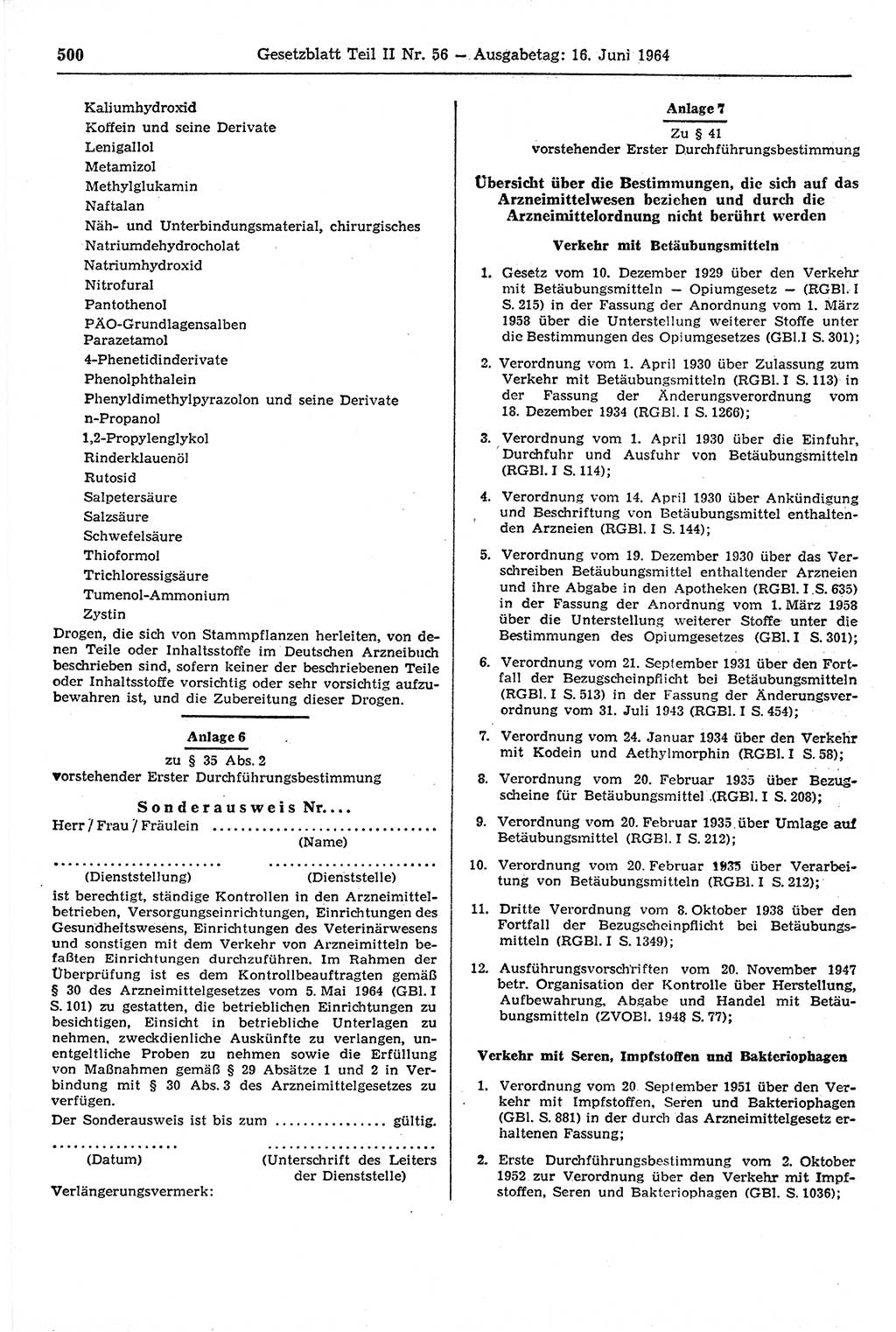 Gesetzblatt (GBl.) der Deutschen Demokratischen Republik (DDR) Teil ⅠⅠ 1964, Seite 500 (GBl. DDR ⅠⅠ 1964, S. 500)