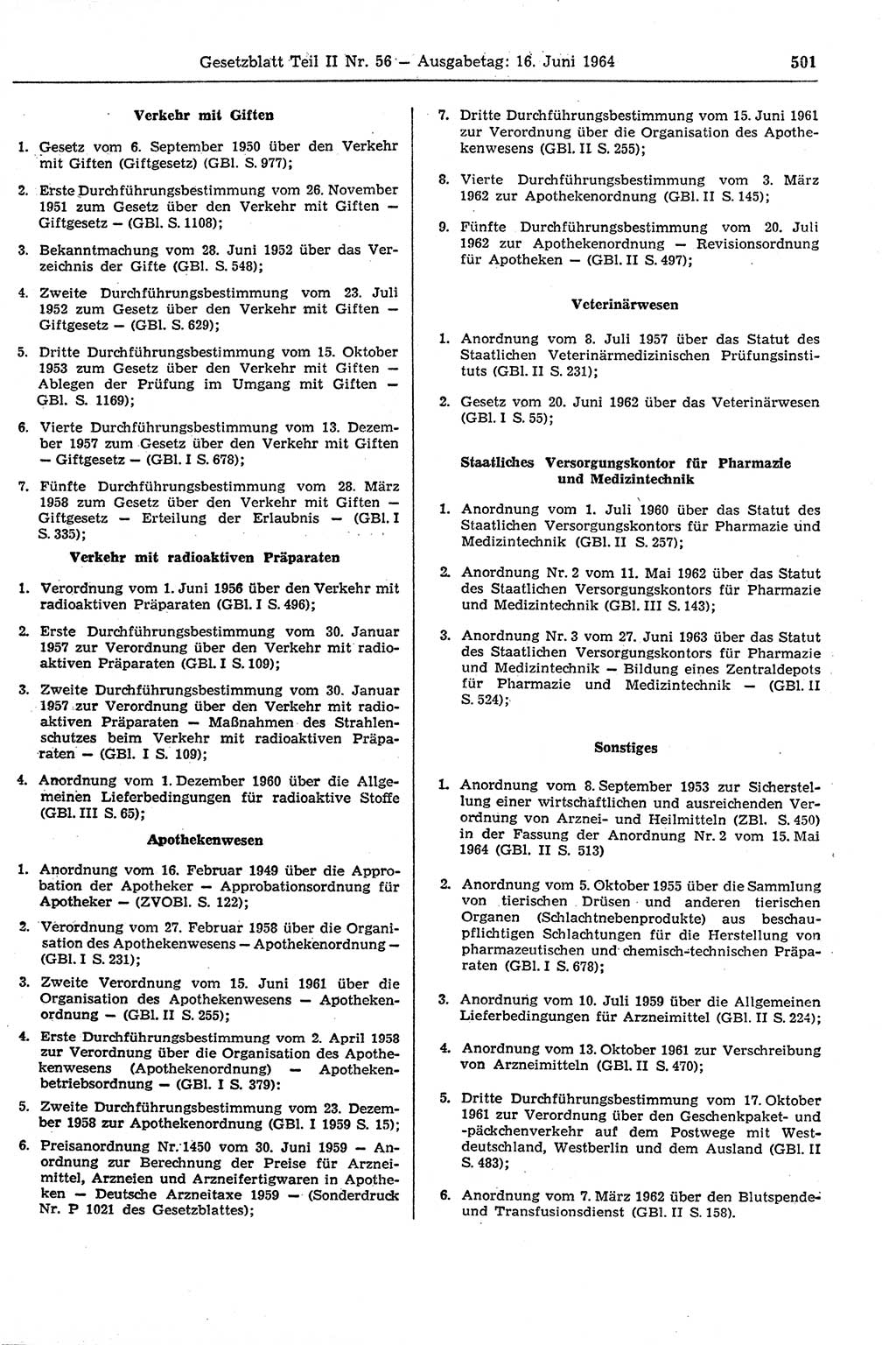 Gesetzblatt (GBl.) der Deutschen Demokratischen Republik (DDR) Teil ⅠⅠ 1964, Seite 501 (GBl. DDR ⅠⅠ 1964, S. 501)