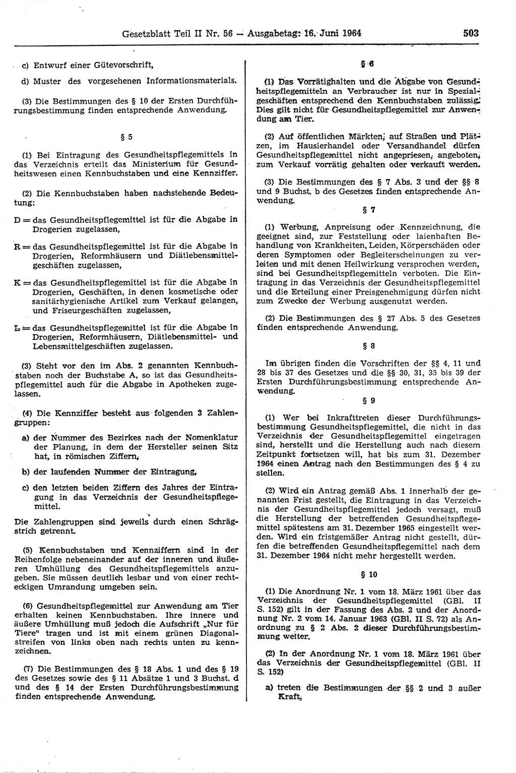 Gesetzblatt (GBl.) der Deutschen Demokratischen Republik (DDR) Teil ⅠⅠ 1964, Seite 503 (GBl. DDR ⅠⅠ 1964, S. 503)